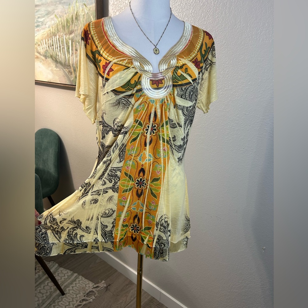 ONE WORLD Vibrant Yellow Y2K Sublimation Boho Print Tunic Top – XL